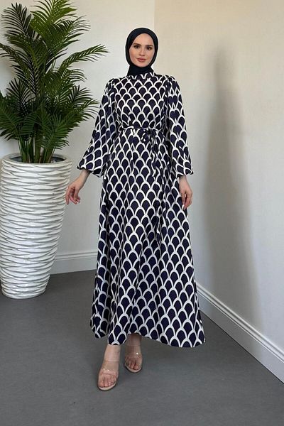 MERVEN AKYÜZ Linya Herringbone Dress Navy Blue