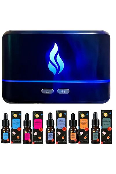 FOTOFUN Black Aromatherapy Diffuser with 5 Essential Oils, Humidifier with LED Flame Effect, 200ml, USB