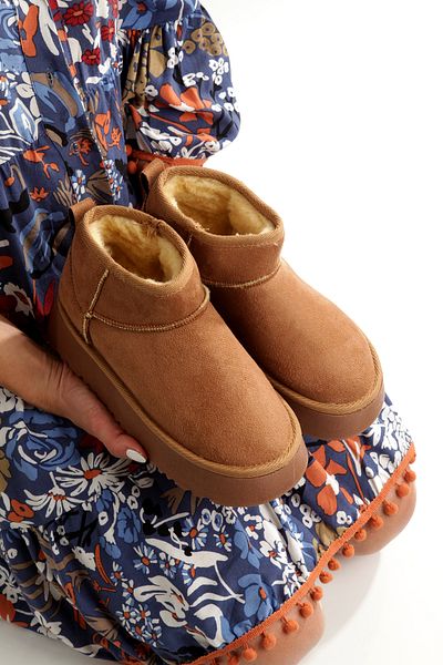 PAYZİN ''Lal'' Tan Suede Thick Soled Fur Women's Boots New Season