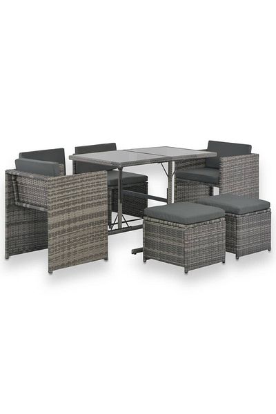 vidaxl 7 Piece Outdoor Dining Set with Cushions Poly Rattan Gray