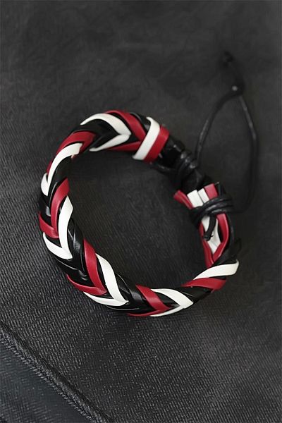PRATİKOBA Bfs Burgundy White Black Braided Leather Men's Bracelet