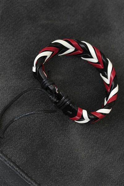 PRATİKOBA Bfs Burgundy White Black Braided Leather Men's Bracelet