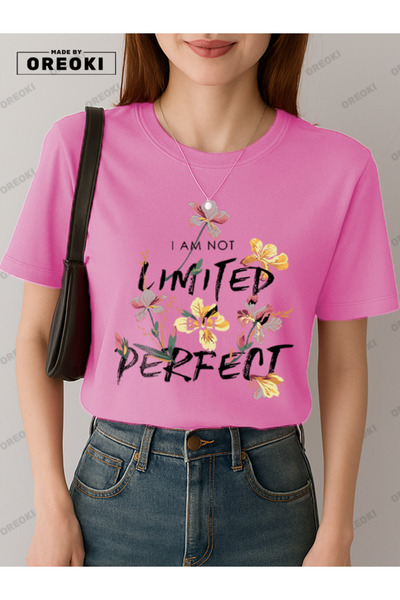 EFFRENATU تي شيرت بناتي من القطن المطبوع I'm Perfect باللون الوردي