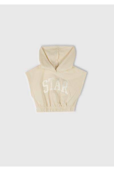 United Colors of Benetton Girl's Ecru Sleeveless Hooded Sweatshirt with Appliqué on the Front and Embroidery Detail