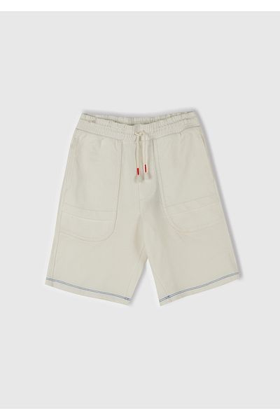 United Colors of Benetton Boy's White Stitching Detail Back Pocket Logo Embroidered Waist Drawstring Shorts