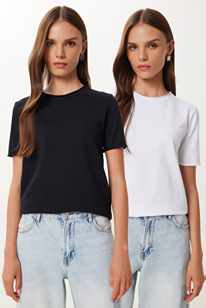 Lovelyİstanbul Πακέτο με 2 Basic βαμβακερά πλεκτά μπλουζάκια Hub0001 Μαύρο Λευκό