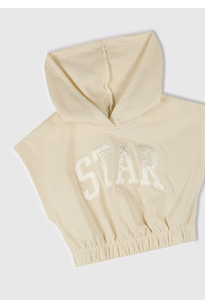 United Colors of Benetton Girl's Ecru Sleeveless Hooded Sweatshirt with Appliqué on the Front and Embroidery Detail