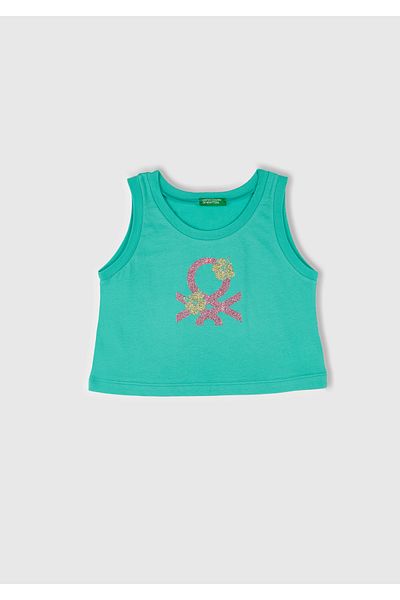 United Colors of Benetton Girl's Green Glitter Benetton Logo Printed Undershirt