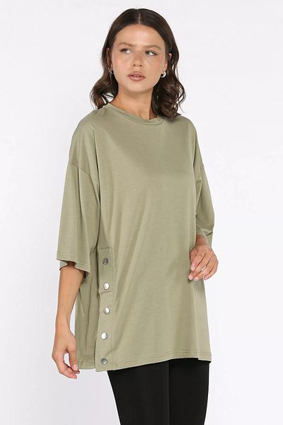 GÜLSELİ Tricou oversize cu snap lateral kaki (compatibil S-m-l-xl)