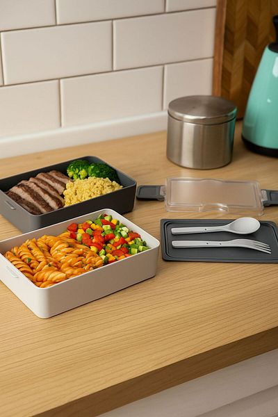 Bayev Layers Gray 2 Layer Storage Container with Fork and Spoon Lunch Box - Lunch Box with Nutrition Compartments