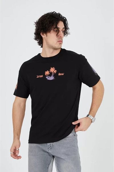 LUMİART Men's Front and Back Printed T-Shirt - Black