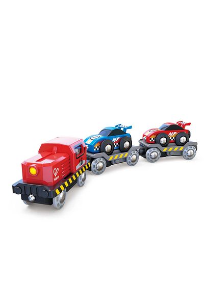 Hape Train transporting racing cars