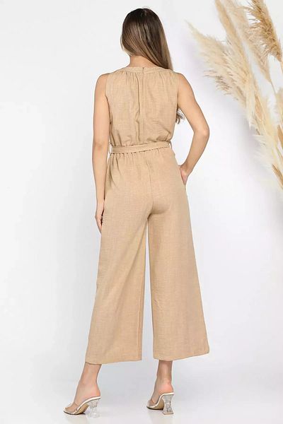 GÜLSELİ Beige Women's Crew Neck Waist Belted Jumpsuit