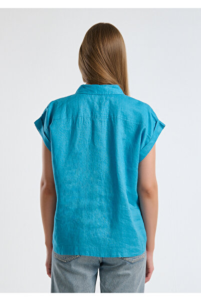 United Colors of Benetton Cămașă cu mânecă scurtă, albastră, 100% in, cu detaliu de umăr