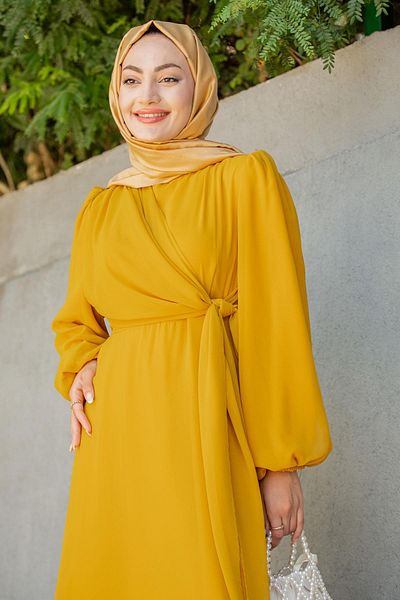 Tesettür Çarşım Delicate Matte Chiffon Hijab Evening Dress-Mustard