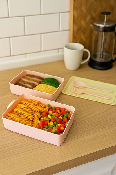 Bayev Layers Pink 2 Tier Storage Container Lunch Box with Fork and Spoon - Lunch Box with Nutrition Compartments