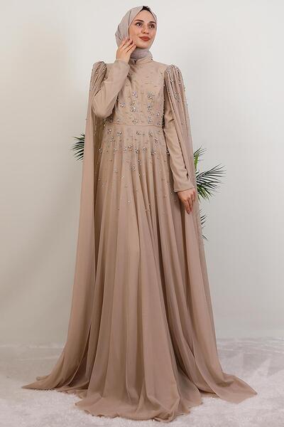 GİYZAMİLA Mina Boncuklu Abiye Bej