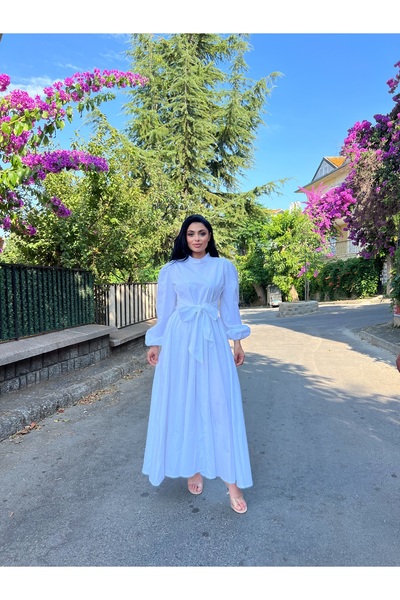 KÜÇÜĞÜM BUTİK Φόρεμα Hijab Λευκό Μεγάλο Φιόγκο Flared Poplin