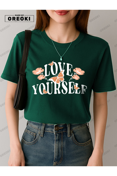 EFFRENATU تي شيرت من القماش القطني المطبوع عليه Self Love Girl Forest Green