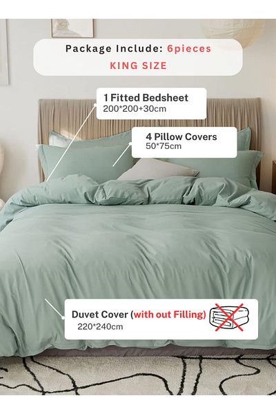 LUNA HOME Washable Cotton 6 Piece King Size Duvet Cover Plain Design, Plain Green Color 220x240cm.