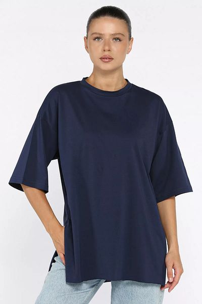 GÜLSELİ Navy Blue Women's Crew Neck Casual T-Shirt with Side Slit Detail
