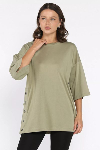 GÜLSELİ Tricou oversize cu snap lateral kaki (compatibil S-m-l-xl)