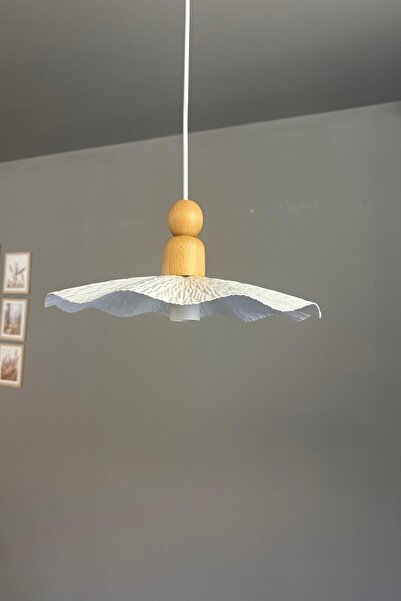 Bamyum Teyra Beyaz Tekli Avize Kalın Ahşap Boncuk Başlık Sarkıt Lamba Restoran Salon Aydınlatma