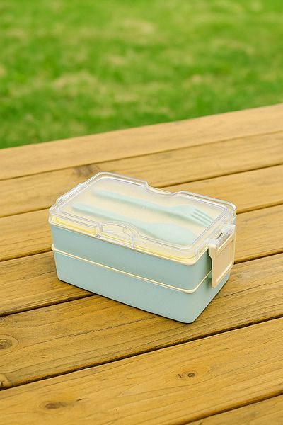 Bayev Layers Green 2 Tier Storage Container with Fork and Spoon Lunch Box - Lunch Box with Nutrition Compartments