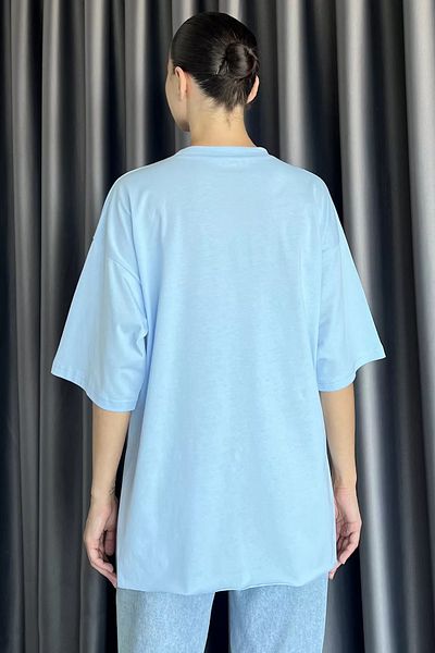 GÜLSELİ Tricou casual albastru pentru femei, cu decolteu, cu detaliu de fantă laterală