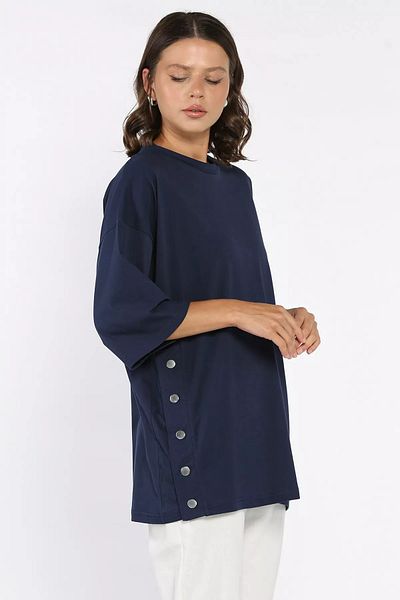 GÜLSELİ Navy Blue Side Snap Oversize T-Shirt (S-M-L-Xl Compatible)
