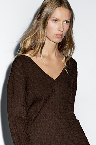 Massimo Dutti V yaka saç örgülü kazak