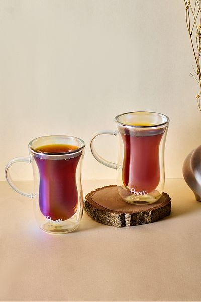 Perotti Colors 2-Piece Heat Resistant Double Walled Glass Tea Cup with Handle 150 ml