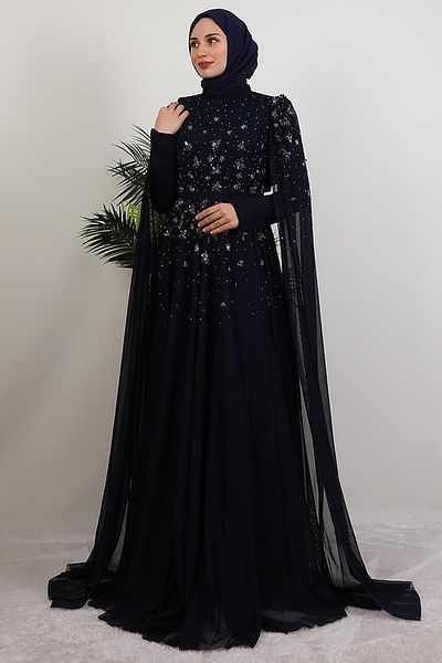 GİYZAMİLA Mina Beaded Evening Dress Navy Blue