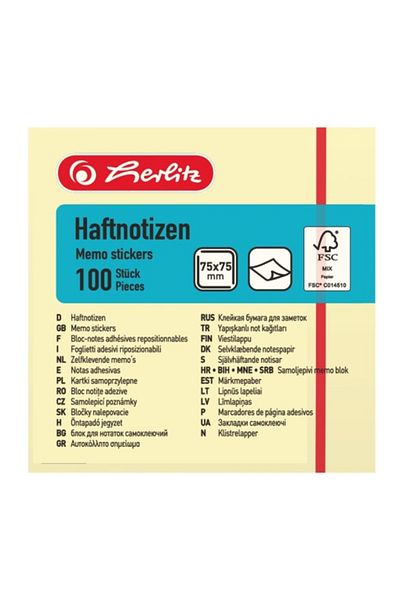 Herlitz Sticky Notes Block, Material Paper, 100 Sheets, Color Yellow, Dimensions 75x75mm