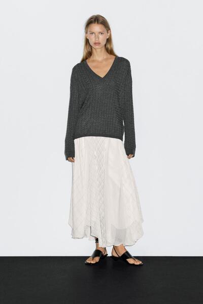 Massimo Dutti V yaka saç örgülü kazak