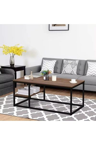 AGD Wooden Rectangular Multifunction Coffee Table with Black Metal Frame and Bottom Shelf