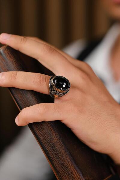 dergah tesbih El İşçiliği Yadigar Siyah Taşlı 925 Ayar Gümüş Yüzük