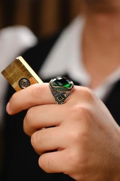 dergah tesbih Cihandar Serisi El İşçiliği Yeşil Taşlı 925 Ayar Gümüş Yüzük