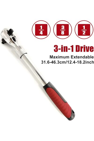 Generic 3-in-1 Extendable Ratchet Wrench Set, 72-Tooth, 46.3 cm Length, Carbon Steel, 1/2, 3/8, 1/4 Drive