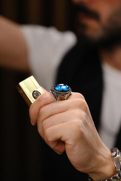 dergah tesbih Çelebi Serisi El İşçiliği Mavi Taşlı 925 Ayar Gümüş Yüzük