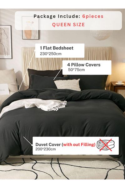 LUNA HOME Queen size 6 Pieces Bedding set, Washable Cotton Black Color 200x230cm.