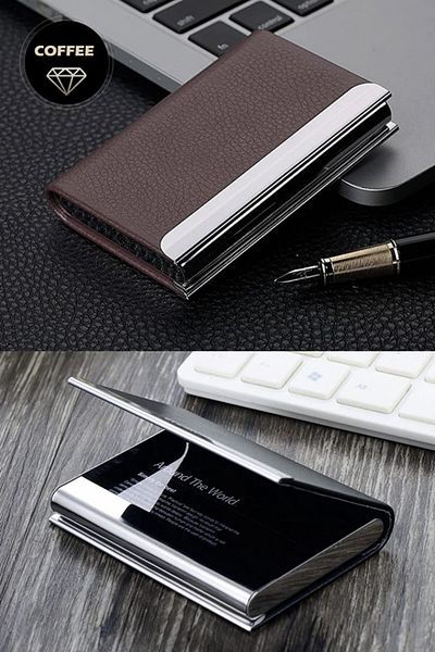 Muco business card holder, PU leather/metal, brown/silver, 9.6 x 6.4 x 1.3 cm