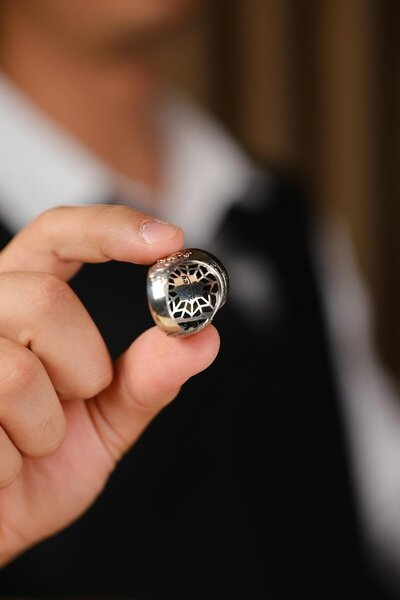 dergah tesbih Arapça 'Allah Bize Yeter' Yazılı El İşçiliği Gümüş Yüzük