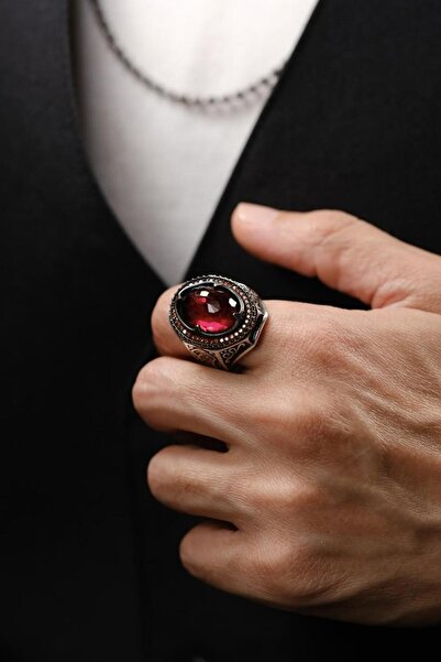 dergah tesbih Çelebi Serisi El İşçiliği Kırmızı Taşlı 925 Ayar Gümüş Yüzük