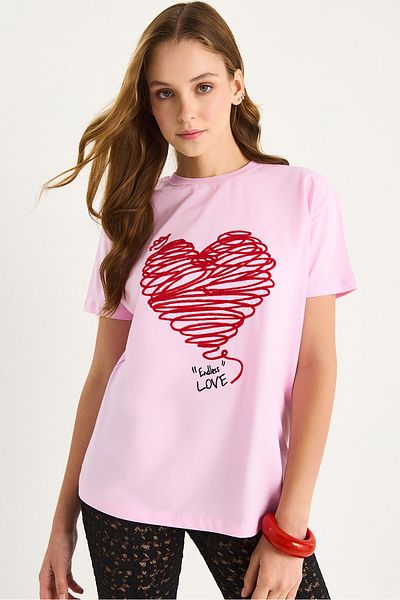 Bianco Lucci Women's Cotton Short Sleeve Crew Neck Heart Embroidered T-Shirt 60602028