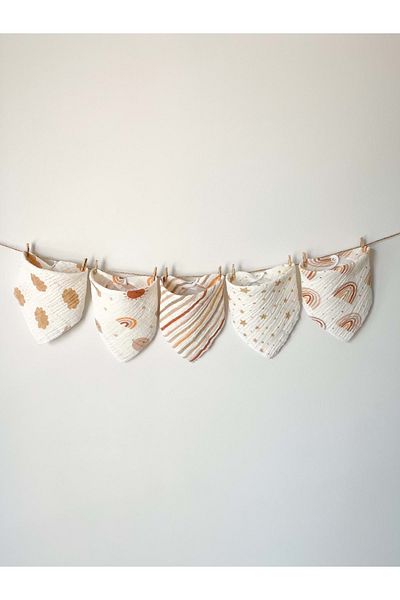Mnk Baby&Kids 5-Piece Muslin Patterned Baby Mouth Wipes with Snap Fasteners Bib M00750 Brown