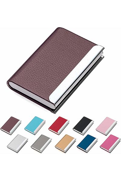 Muco business card holder, PU leather/metal, brown/silver, 9.6 x 6.4 x 1.3 cm