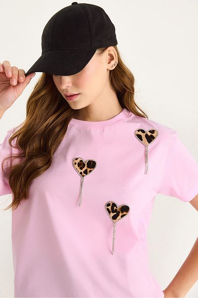 Bianco Lucci Women's Leopard and Stone Detailed Heart Short Sleeve T-Shirt 60602034