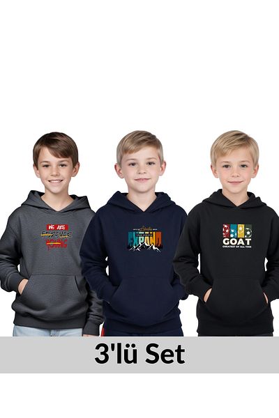 FYK COLLECTİON 3-Pack Hooded Kangaroo Pocket Printed Boy's Sweatshirt