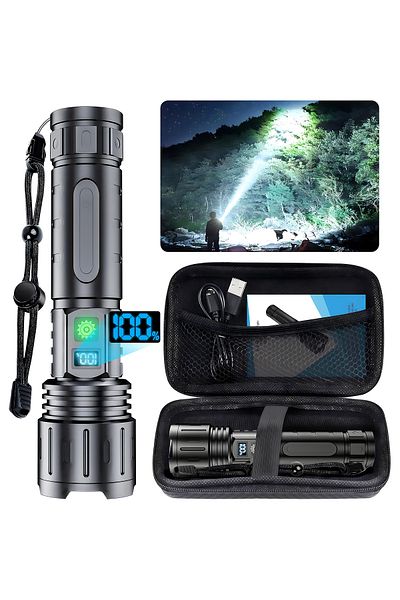 Elindor ® Black Led Flashlight, 2000 Lumens, Rechargeable, 5 Modes, Zoom, Water Resistant